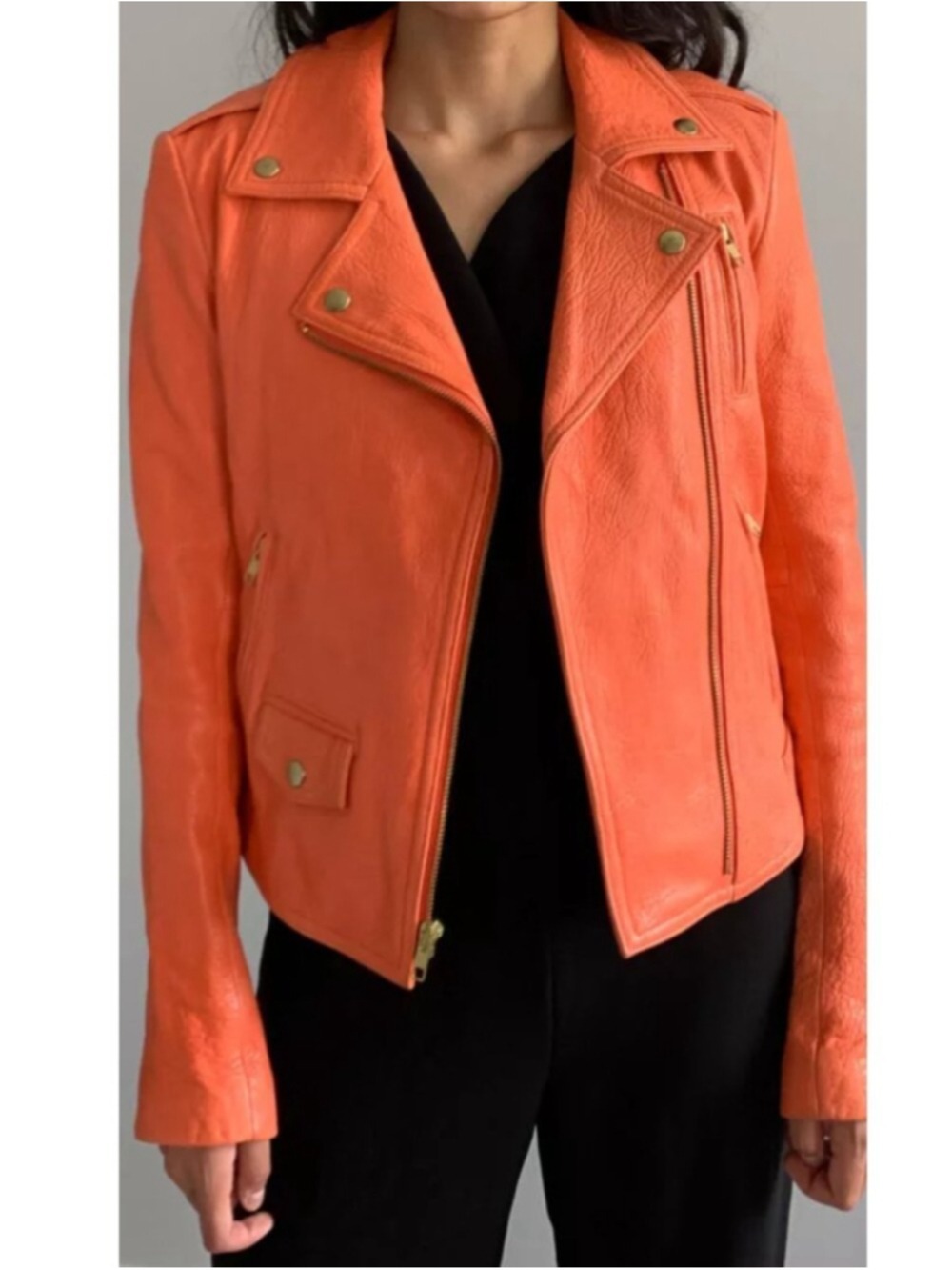 Theory Elenian Juno leather jacket in a vibrant melon orange Size M